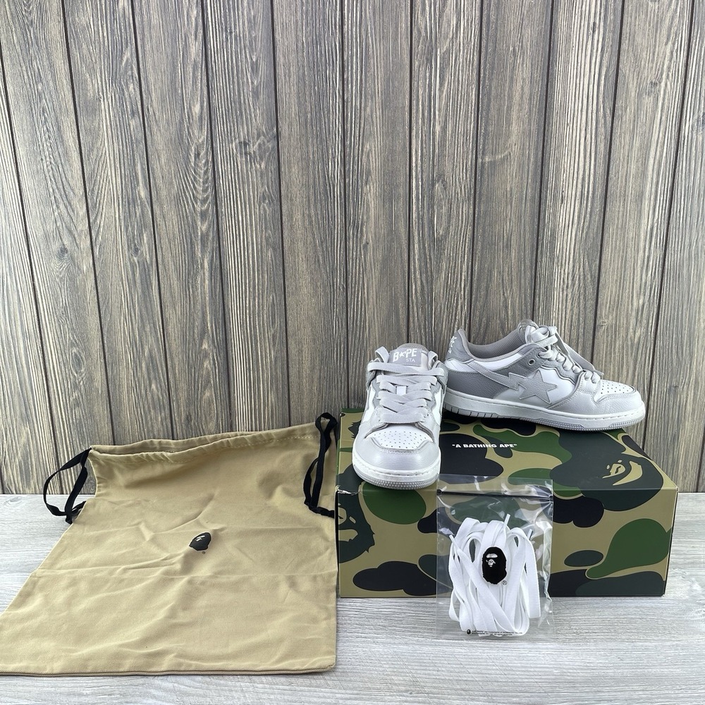 BAPE Shoes Women's Size 6 SK8 STA #5 Low A Bathing Ape Grey White Sneakers 93